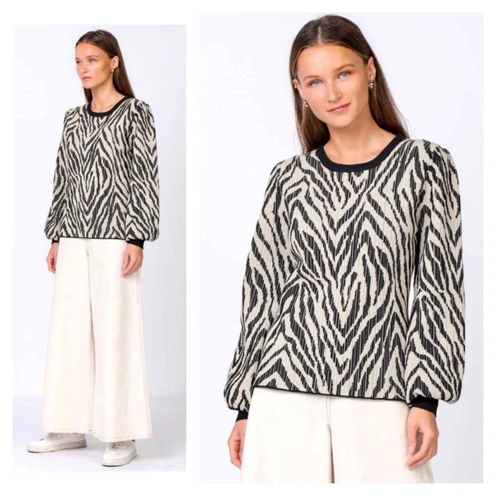 Anthropologie Current Air Zebra Print Balloon Sleeve Sweater in Taupe & Black